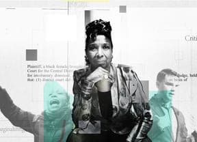 Collage with a portrait of a Black woman and court document text