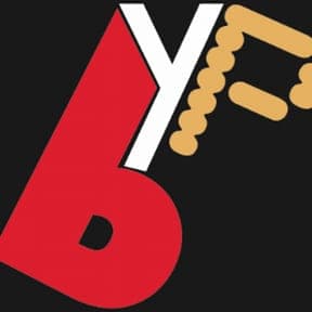 Red, white and gold letter mark on black