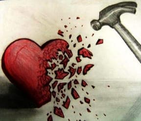 Colored-pencil drawing of a red heart breaking under a hammer