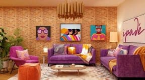 Illustrated living room with purple sofas and art prints of Black women
