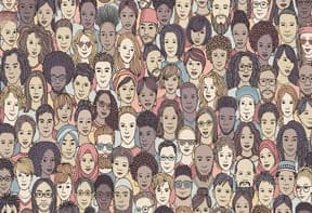 Drawing of many faces of different ethnicities