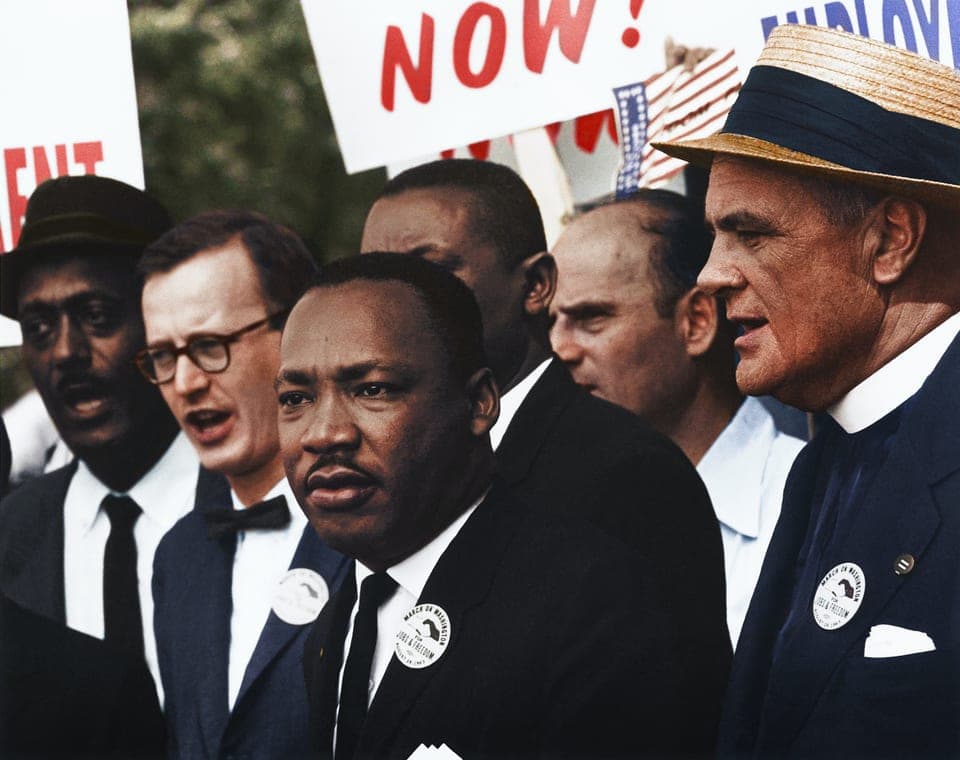 Colorized photo of Martin Luther King Jr. among marchers at the 1963 March on Washington