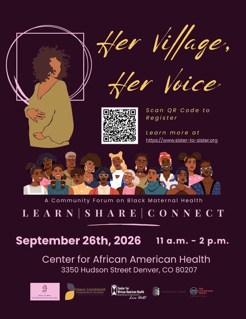 Flyer front for Her Village, Her Voice, with the date, time and place, a registration QR code and the partner logos