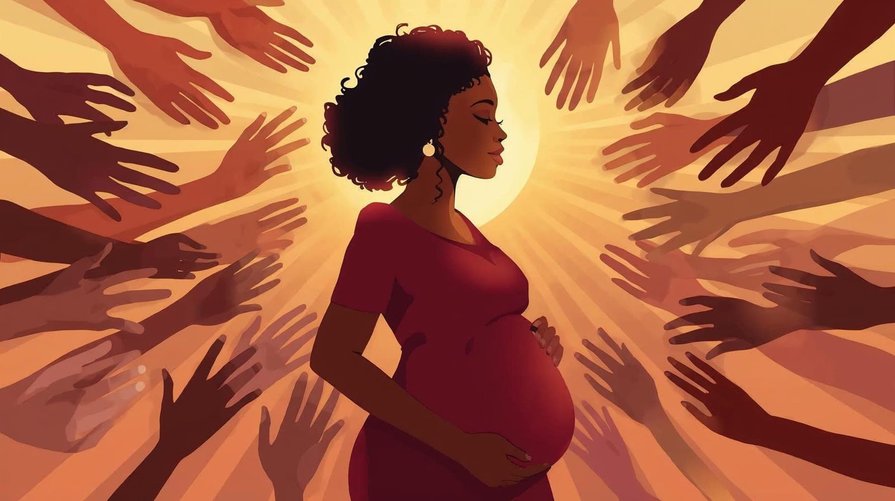 Illustration of a pregnant Black woman in a red dress beneath a sunburst, surrounded by reaching hands