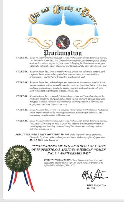 First page of the City and County of Denver proclamation of Sister-to-Sister 5th Anniversary Day