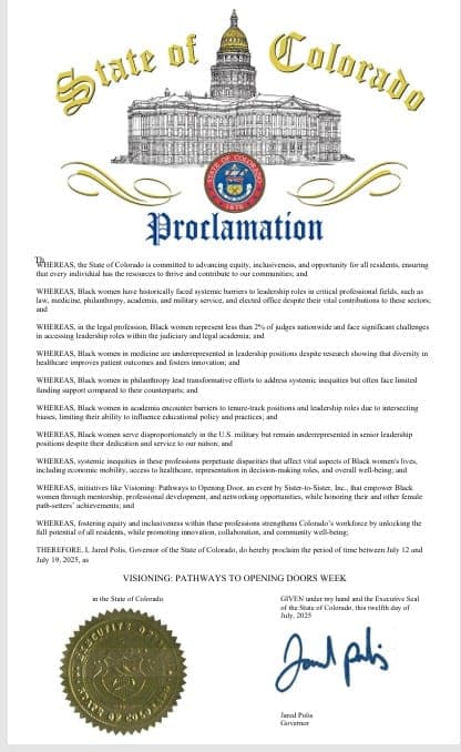 First page of the State of Colorado proclamation of Visioning: Pathways to Opening Doors Week