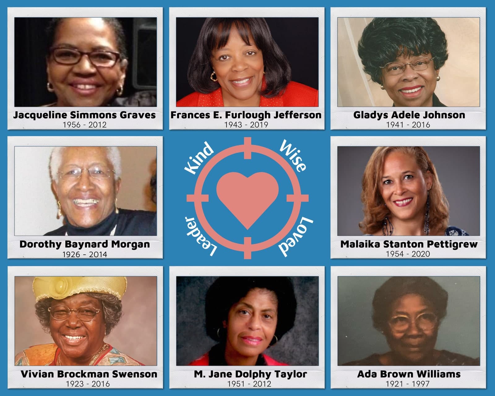 SHEROES tribute, part 2 of 2. Portraits around a heart emblem reading Kind, Wise, Loved, Leader: Jacqueline Simmons Graves 1956 - 2012, Frances E. Furlough Jefferson 1943 - 2019, Gladys Adele Johnson 1941 - 2016, Dorothy Baynard Morgan 1926 - 2014, Malaika Stanton Pettigrew 1954 - 2020, Vivian Brockman Swenson 1923 - 2016, M. Jane Dolphy Taylor 1951 - 2012, and Ada Brown Williams 1921 - 1997.