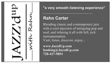 Business card of Rahn Carter, Jazz'd up with Rahn: "a very smooth listening experience", classic and contemporary jazz, with website, email and phone